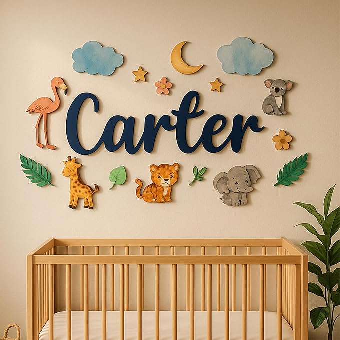 Custom Nursery Name Sign with Themed Decor Kit | Personalized Wooden Wall Art for Baby, Kids Room | Space, Jungle, Circus, Under The Sea, Woodland, Rainbow (30", Jungle/Safari)