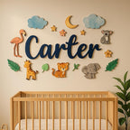 Custom Nursery Name Sign with Themed Decor Kit | Personalized Wooden Wall Art for Baby, Kids Room | Space, Jungle, Circus, Under The Sea, Woodland, Rainbow (30", Jungle/Safari)
