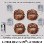 Bright Zeal 66 Ft 200 LED 8 Mode Christmas Fairy Lights Battery Operated with Remote - Warm White Multifunction Christmas Lights with Timer -Dimmable Flashing Chasing Twinkle Lights Outdoor