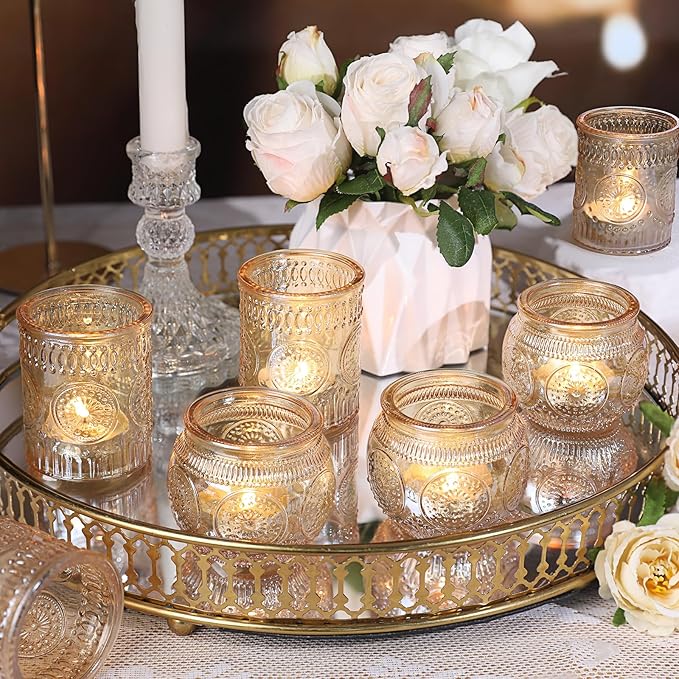 DARJEN 12Pcs Gold Votive Candle Holders - Glass Candle Holder for Table Centerpiece, Tea Lights Candle Holders for Home, Party & Wedding Shower Decoration