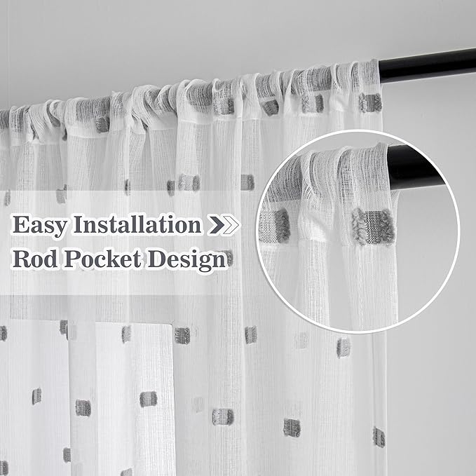 MYSKY HOME White Curtains for Bedroom 63 Inch Length Long Sheer Curtains for Kids Room Nursery Curtains with Grey Patched Design Rod Pocket Privacy Window Drapes Dining Room 52" x 63" 2 Panels