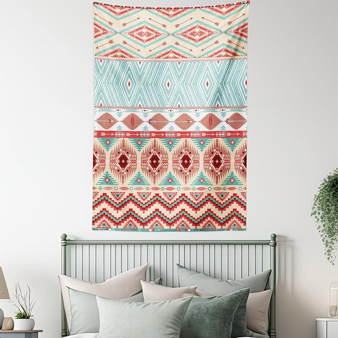 Lunarable Aztec Tapestry Twin Size, Culture Inspirations Ornamental Indigenous Chevron, Wall Hanging Bedspread Bed Cover Wall Decor, Twin Size, Turquoise Beige