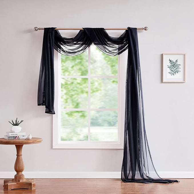 Warm Home Designs 12 Feet Long Sheer Black Window Scarf. These Standard Length Valance Window Scarves are 54 X 144 Inches in Size. Great as Bed Canopy or Wedding Arch Draping Fabric. AM Black 144"