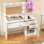 Quimoo Vanity Desk, Makeup Vanity with Lights, Large Mirror Vanity with 3 Drawers and 2 Cabinets, Vanity Table Set with Power Outlet and Glass Tabletop, for Bedroom, White