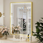 24x36 Inch LED Bathroom Mirror with Lights,Wall Mounted Lighted Mirrors with Non-Rusting Gold Metal Frame Anti-Fog Memory Funtion Stepless Dimmable, CRI90+,Waterproof