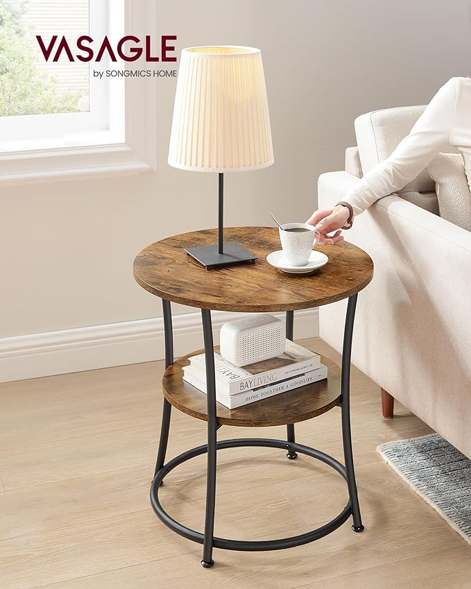 VASAGLE Side Table, 2-Tier Round End Table, Nightstand with Steel Frame for Small Spaces, Living Room, Bedroom, Rustic Brown and Ink Black