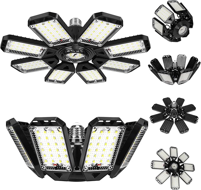 LED Garage Lights Bulb 8 Panels 2 Pack -200W, 20000LM 6500K Led Shop Light with 8 Deformable Panels, Basement Barn Light Garage Ceiling Lights