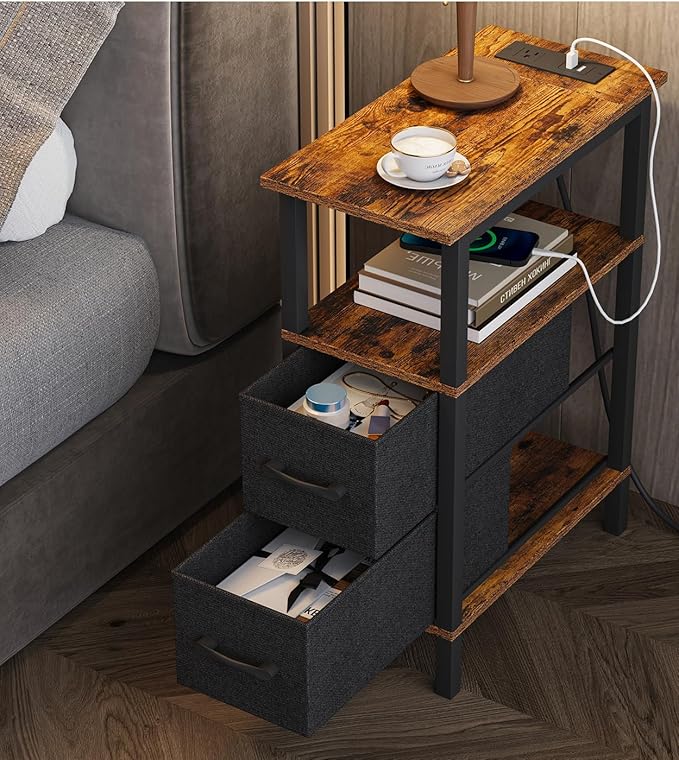 Narrow Side Table for Small Spaces, Skinny End Table with Charging Station, Sofa Beside Table with 2 Drawers 1 Open Compartment, Slim Nightstand with USB Ports Outlet, Rustic and Brown UTBT004F