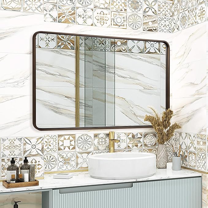 ANDY STAR Bronze Bathroom Mirror, 30x48 Inch Oil Rubbed Bronze Mirror Rounded Rectangle Tube Metal Frame 1’’ Deep, Wall-Mounted Horizontal/Vertical