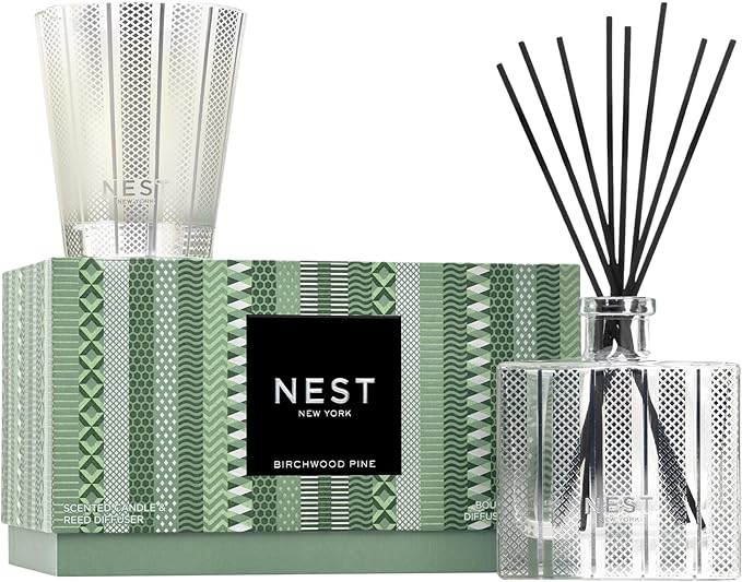 NEST New York Scented Classic Candle (8.1 oz) & Diffuser (5.9 fl oz) Set, Birchwood Pine - Reusable Glass Vessel - Vegan, Cruelty Free