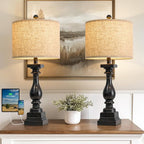 BOBOMOMO 27" Farmhouse Table Lamp Set of 2 with USB A+C for Bedroom Living Room Vintage Rustic Traditional Nightstand Bedside Lamps Retro Side Table Lamps (Black)