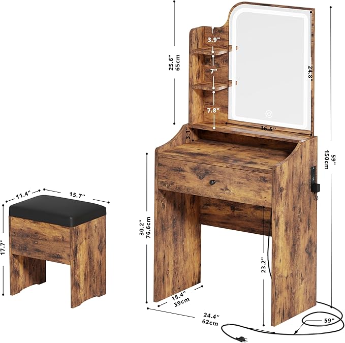 LIKIMIO Small Makeup Vanity Desk with Mirror and Lights, Vanity Table Set with Storage Drawer, Chair and Three Shelves, Bedroom, Vintage Brown