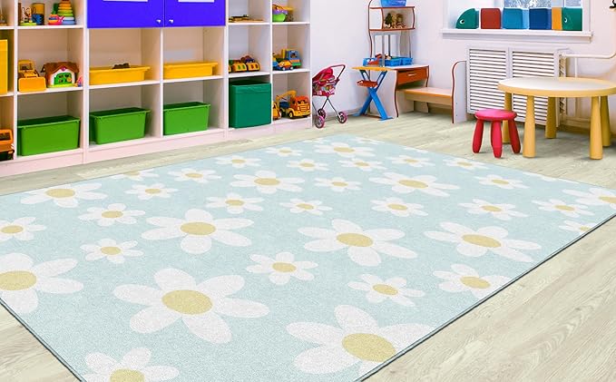 Flagship Carpets Schoolgirl Style White Daisies on Blue Educational Area Rug for Kids Room Seating Décor, Children's Classroom, Play Carpet for Teaching and Playroom, 7'6" x 12'