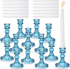 Suclain 24 Pcs Glass Taper Candle Holder Sets 12 Candlestick Holder with 12 White Long Candles for Wedding Party Decor Dinner Decoration(Blue)