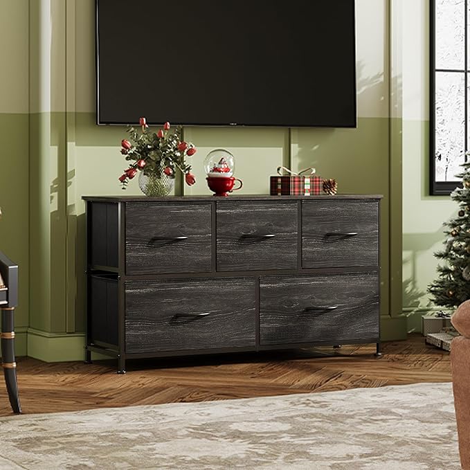 WLIVE Dresser for Bedroom with 5 Drawers, Wide Chest of Drawers, Fabric Dresser, Storage Organizer Unit with Fabric Bins for Closet, Living Room, Hallway, Charcoal Black Wood Grain Print