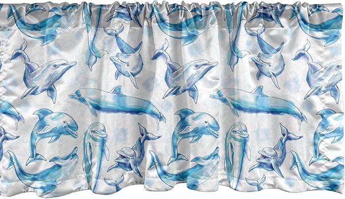 Ambesonne Sea Animals Window Valance, Sketch of Bottlenose Dolphins Playing Laughing in The Ocean Sea Life Print, Curtain Valance for Kitchen Bedroom Decor with Rod Pocket, 54" X 18", Turquoise White