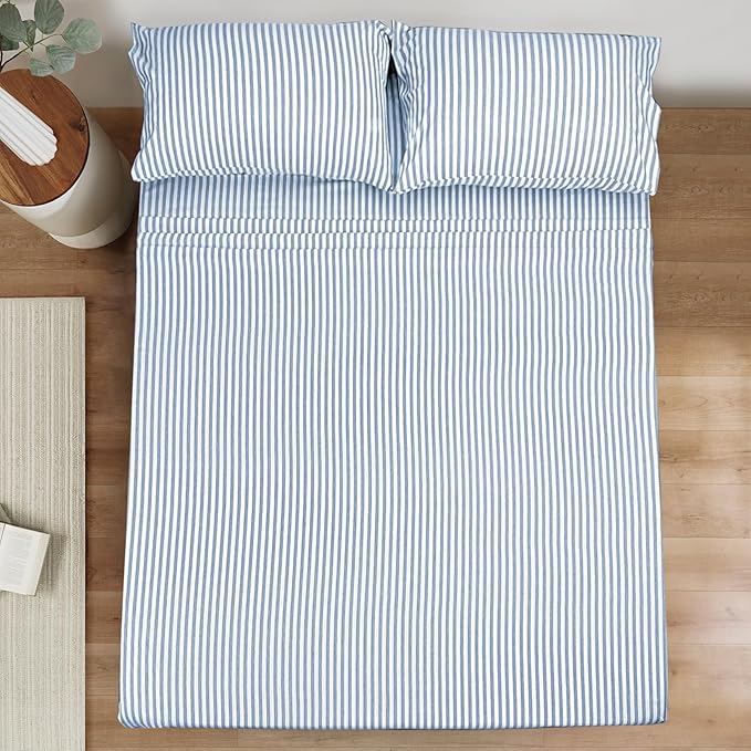 Mejoroom Striped King Size Sheet Set - Soft Microfiber Bed Sheets,Deep Pocket Fitted Sheet, Soft, Breathable, Wrinkle & Fade Resistant - 4 Piece (Blue Stripe)