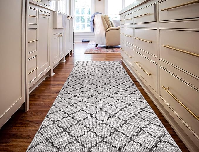 Custom Size Modern Runner Rug Carpet for Hallway Entryway Foyer Kitchen, Slip Resistant Latex Rubber Backed 31 inch Wide X Customized Length, Trellis Grey, 31 inch X 11 feet