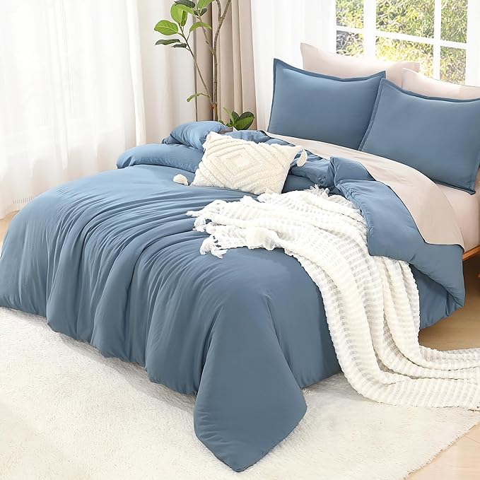 Litanika Full Size Comforter Sets Grayish Blue, 3 Pieces Lightweight Solid Bedding Comforter Set, All Season Fluffy Bed Set (79x90In Comforter & 2 Pillowcases)