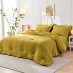 HYMOKEGE Mustard Yellow King Size Comforter Set Seersucker 7 Pieces, All Season Luxury Bed in a Bag for Bedroom, Bedding Set with Comforter, Sheets, Pillowcases & Shams