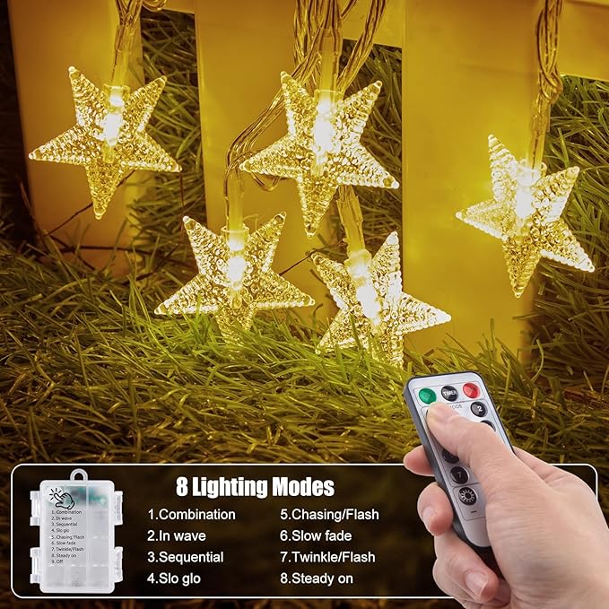 Brightown Star String Lights Battery Operated - 17 ft 50 LED Star Fairy String Lights with Remote and Timer, 8 Modes Waterproof for Bedroom Tent Loft Bed Patio Party Wedding Decor, Warm White