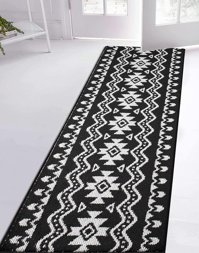 Custom Length Cut to Size Tribal Ethnic Southwestern Inspired Hallway Runner Rug, Non Slip Rubber Backed, 31 inch Wide X Customized Length, Aztec Black, 31 inch X 3 feet, Doormat Size