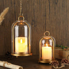 Vintage Brass Metal Candle Lantern with Thick Glass Dome – Set of 2 Shabby Chic Style Candle Holders (5.25"x10" & 4.5"x7.87") – Hanging or Tabletop Decor for Pillar Candles, Plants
