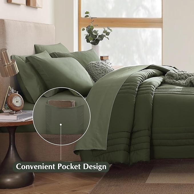 Monbix Twin XL Size Comforter Set - Extra Long 5 Pieces Dorm Bedding Sets, Quilting Design Fluffy Bed in a Bag Twin XL with Sheets, Pillowcase & Sham(Olive Green)