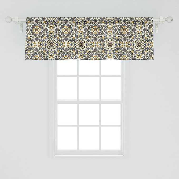 Ambesonne Turkish Pattern Window Valance, Flowers in and Traditional Style, Curtain Valance for Kitchen Bedroom Decor with Rod Pocket, 42" x 18", Earth Yellow Slate Blue