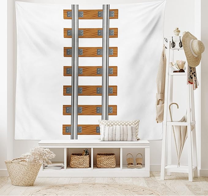 Lunarable Train Tapestry King Size, Vertical Tracks Railroad for Trains Ways of Transportation in The Old Days, Wall Hanging Bedspread Bed Cover Wall Decor, King Size, Brown White