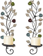 Wall Sconces Candle Holder Set of 2, Antique Leaf Branch Wall Mount Hanging Metal Candle Holder Candle Sconce for Living Room Dining Room