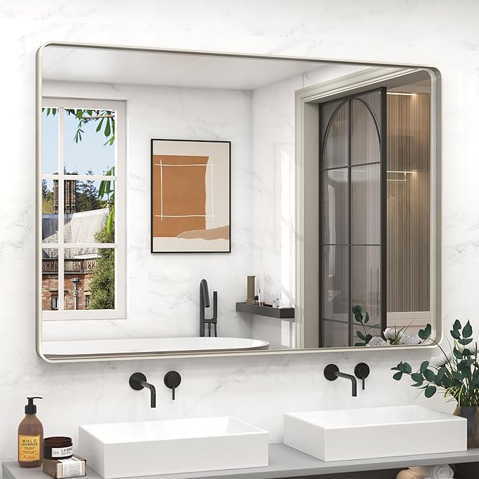 48x36 Silver Bathroom Mirror, Brushed Silver Framed Bathroom Vanity Mirror, Modern Rectangle Mirror, Rounded Corners, Shatterprood, Anti-Rust (Horizontal/Vertical)