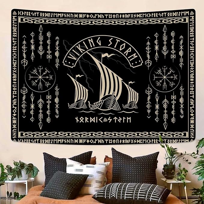 OSUNBD Viking Warship Tapestry Wall Hanging - Small 60x40inches Storm & Celtic Runes on Soft Flannel Aesthetic Mythology Tapestries Norse Mythology Art for Bedroom, Living Room Decor