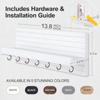 Decorative Key Holder for Wall with Shelf, Entryway Shelf with Hooks Holds Leashes, Jackets and Glasses – Sturdy Wood Keyholder Entrance Hanger with Mounting Hardware (White, Large)