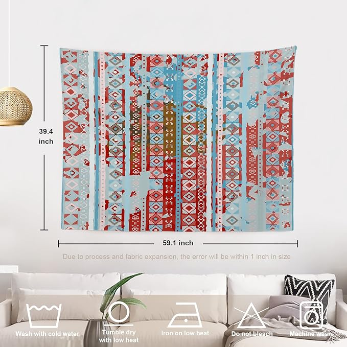 Batmerry Blue Grey Boho Garbage Tapestry, Red Wall Art Hanging Decoration Polyester Fiber White Ruffled Around for Dorm Room Bedroom Living Room, 39.1x59.1 inches