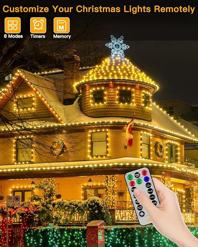 Ollny Outdoor Christmas Lights 1000LED 328FT, Warm White Fairy Lights IP67 Waterproof, Plug in String Light with Remote 8 Modes Timer, Xmas Light for Outside Indoor House Tree Decorations