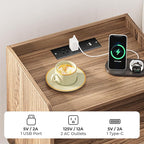 SUPERJARE Nightstand with Charging Station & Rattan-Like Decor Drawer, Rattan End Table with Solid Wood Feet, Bed Side Table with Open Storage, for Bedroom, Living Room, Dormitory, Walnut