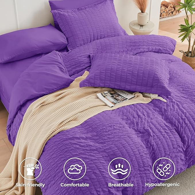 HYMOKEGE Dark Purple Twin Comforter Set Seersucker 5 Pieces, All Season Luxury Bed in a Bag for Bedroom, Bedding Set with Comforter, Sheets, Pillowcase & Sham