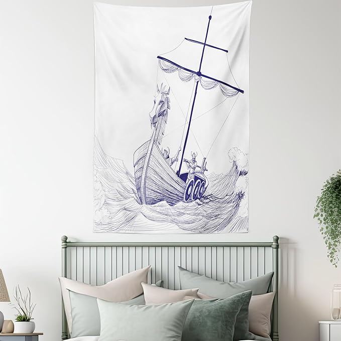 Lunarable Viking Tapestry, Drakkar Long Boat with Dragon on Bow of Ship Monochrome Marine Pattern, Fabric Wall Hanging Decor for Bedroom Living Room Dorm, 23" X 28", White Purple