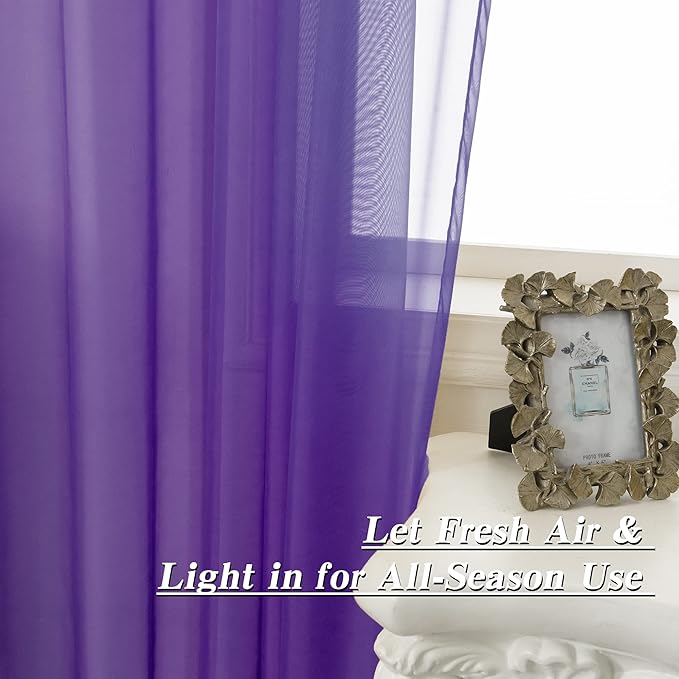HUTO Purple Sheer Curtains 96 Inches Long for Bedroom Girls Rod Pocket Window Sheer Panels Drapes for Living Room Classroom Set of 2 Panels 52 inches Wide