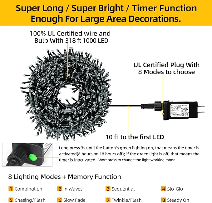 1000 LED 328ft 8 Modes with Timer Christmas String Lights IP55 Outdoor Waterproof UL Certificated Indoor Fairy Lights Garden Patio Wedding Christma Trees Parties Decoration White Light