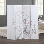 Roundhill Furniture White Japanese 4-Panel Screen Room Divider, Plum Blossom