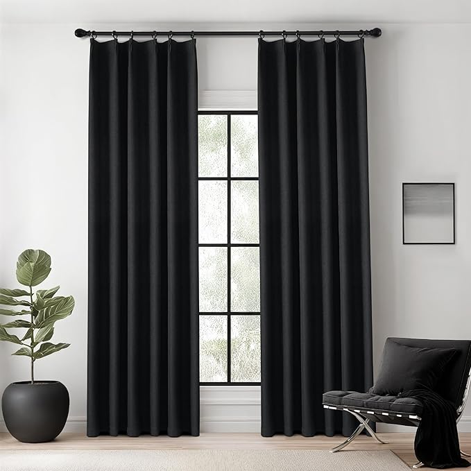 KangBang Extra Wide Pinch Pleated Blackout Curtains 84 Inch Length 2 Panels Set, Thermal Insulated Linen Curtains for Sliding Door Living Room, Modern Pleat Draperies with Hooks,60x84, Black