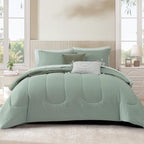 Monbix Queen Comforter Set - 7 Pieces Sage Green Bed in a Bag Queen Track Stitching Bedding Sets, All Seasons Down Alternative Comforter Bed Set with Sheets,Pillowcases & Shams