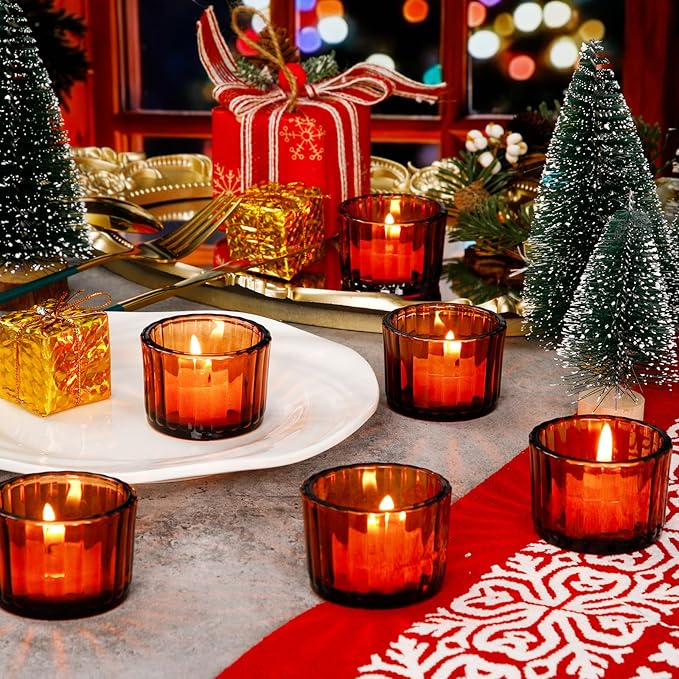 Mumufy 100 Pack Glass Tealight Candle Holder Ribbed Votive Candle Holder for Centerpiece Wedding Proposal Spa Aromatherapy Meditation Home Decor(Amber)