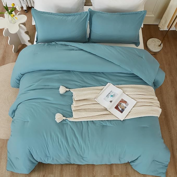 Litanika Grayish Teal Comforter King Size, 3 Pieces Lightweight Solid Bedding Set, All Season Fluffy Bed Set (104x90In Comforter & 2 Pillowcases)