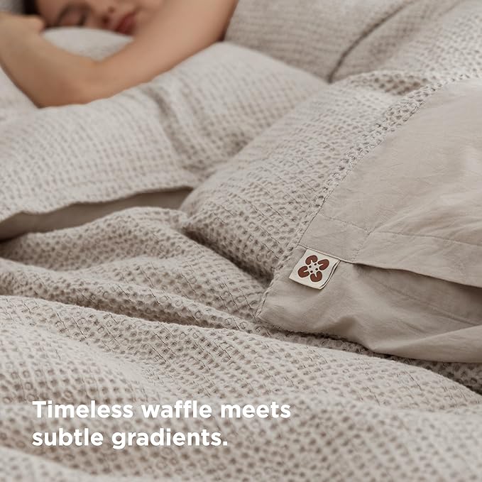 Bedsure Waffle Duvet Cover Queen - Pure Cotton Duvet Cover Linen Color, Space-Dyed for Enhanced Bedroom Aesthetics, GentleSoft™ and Stylish All-Season, 3-Piece Bedding Set with Button Closure, 90"x90"