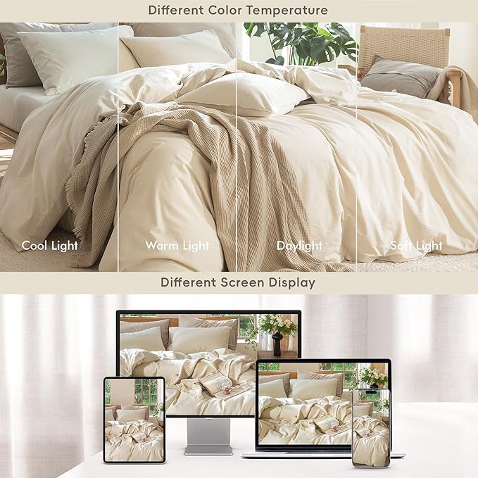 MooMee Bedding Duvet Cover Set 100% Washed Cotton Linen Like Textured Breathable Durable Soft Comfy (Heathered Almond Milk Grey, Super Queen 90"x98")