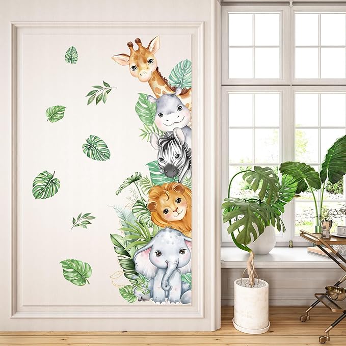 Watercolor Jungle Animal Wall Decals, SUNOYAR Forest Animal Wall Stickers for Kids Boys, DIY Elephant Lion Giraffe Zebra Cow Animals Mural Decor for Bedroom Bathroom Wall Door Game Rooms Daycare