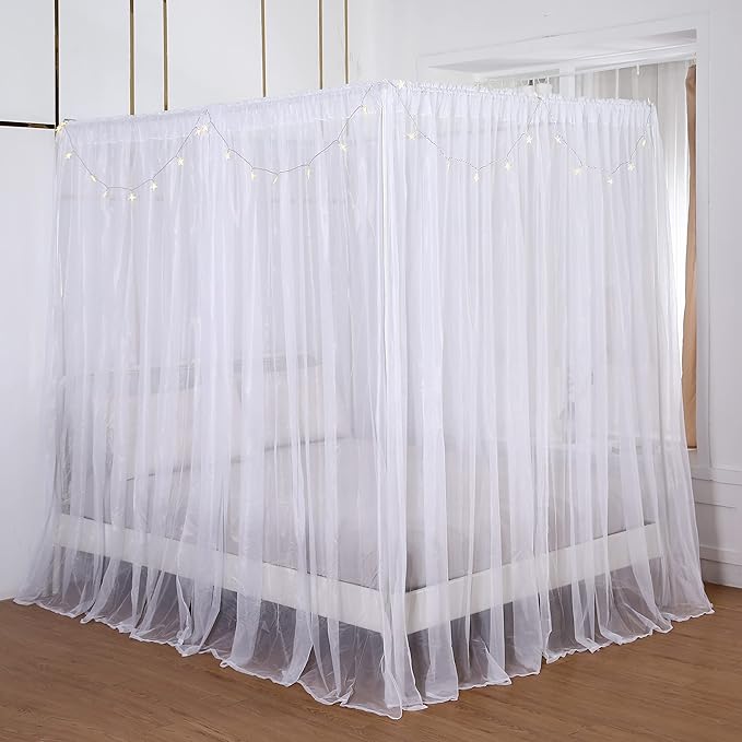 Akiky Princess Canopy Bed Curtains Set Sheer Curtain for Twin Full Queen Size Bed Drapes,8 Panels Canopies with Light,Room Décor(Twin, White)